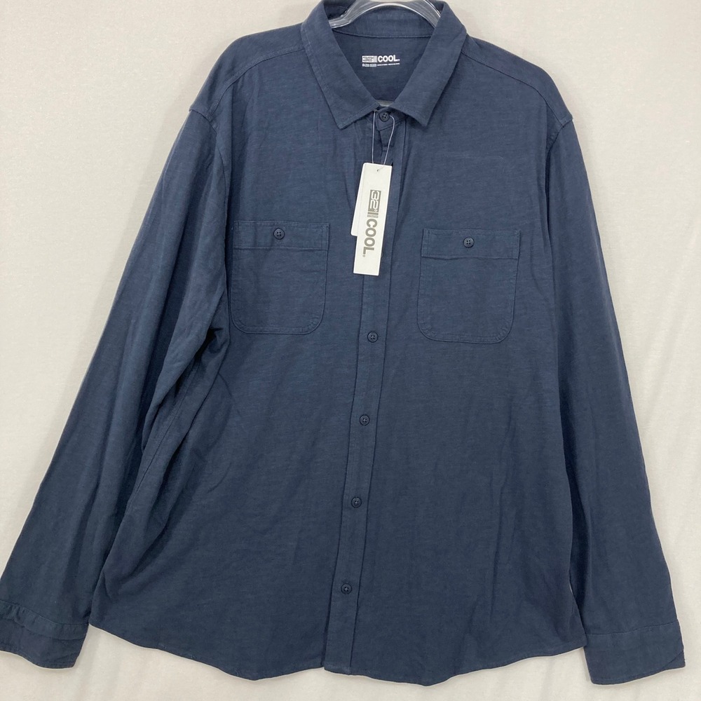 New 32 Degrees Mens Cool Shirt XXL Navy‎ Cotton Slub Knit Button Down Stretch
